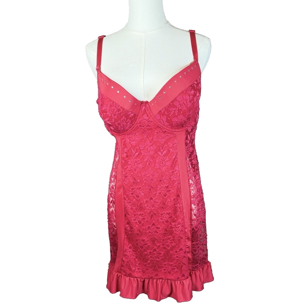 Delta Burke Red Lace Vintage Plus Rhinestone Studded Ruffled Bottom Chemise 2X